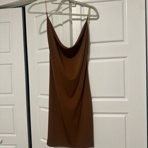 Brown Cowl Neck Dress with Gold Chain Straps